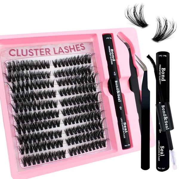 Fluffy Lash Clusters Kit 200pcs DIY Lash Extension Kit, Wispy Lash Clusters Kit Natural 8-16mm Thick Volume Eyelashes Extension Kit with Lash Bond and Seal and Lash Tweezers.(200P-5K-Kit)