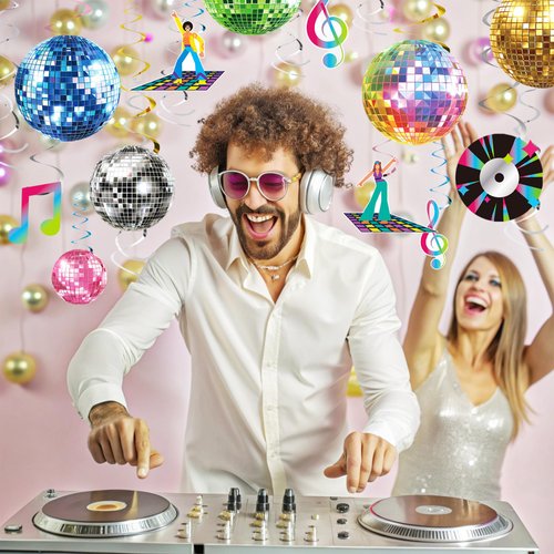 70s Retro Disco Ball Hanging Swirl Decorations Disco Ball Cutouts, Streamers, and Hippie-Themed Supplies for 1970s Birthday Party