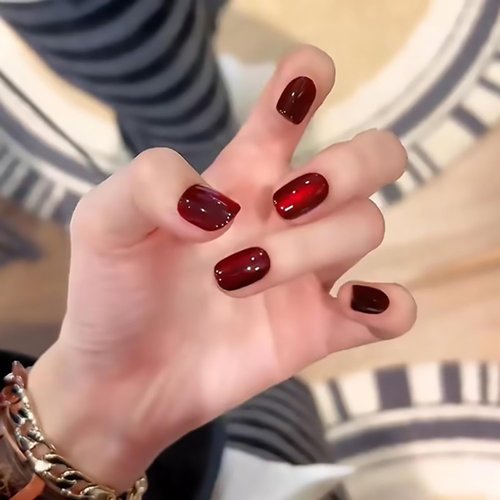 Tyuimhx Cat Eyes Press on Nails Square Short Fake Nails Red False Nails Glossy Full Cover Stick on Nails Reusable Acrylic Artificial Nails for Women Girls Glue on Nails 24Pcs