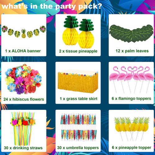 JOPHMO Tropical Luau Party Decoration Pack Hawaiian Beach Theme Party Favors Luau Party Supplies (112 PCS) including Banner, Table Skirt, Straws, Flamingo, Pineapple Décors.