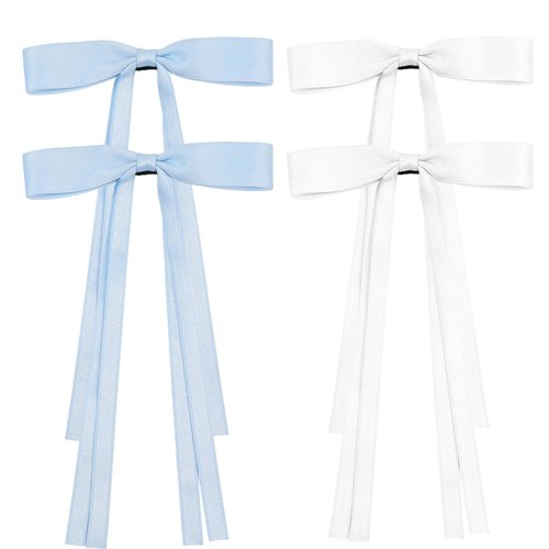 Hair Bows For Women, 4Pcs Bow Hair Clips Fabric Bowknot With Long Tail Hair Accessories Barrette Hair Ribbons for Women Girls Toddlers Teens Kids (4Pcs, Blue+White)
