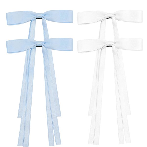 Hair Bows For Women, 4Pcs Bow Hair Clips Fabric Bowknot With Long Tail Hair Accessories Barrette Hair Ribbons for Women Girls Toddlers Teens Kids (4Pcs, Blue+White)