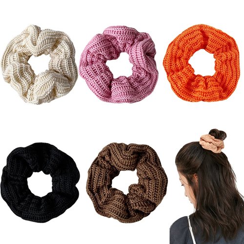 5 Pack Cotton Fluffy Knit Scrunchies for Hair, Pom Pom Hair Tie Fuzzy Hair Bands Sweet Rabbit Faux Furry Scrunchies for Women Girl kid's (5A)