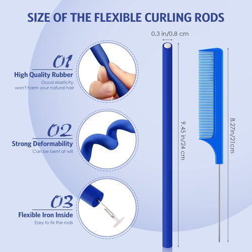 20 Pcs Flexible Curling Rods Twist Foam Hair Rollers Soft Foam No Heat Hair Rods Rollers Curlers and Steel Pintail Comb Rat Tail Comb for Women Girls Long and Short Hair (Royal Blue,0.31 x 9.4 Inch)