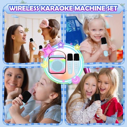 deAO Karaoke Machine for Kids Adults,Portable Bluetooth Speaker with Wireless Microphones, Fun Voice Changing Function-Toys for 5 6 7 8 9 10 Year Old Girl Boys Birthday Gifts (Blue)