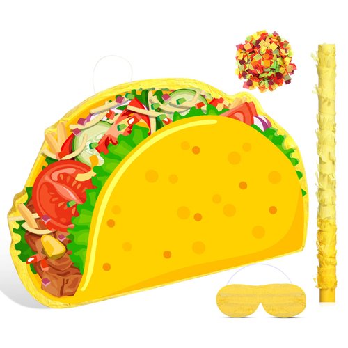 Taco Pinata Mexican Pinata Party Favor Includes Stick Blindfold Bat and Confetti Fiesta Pinata for Birthday Party Cinco De Mayo Pinata Decor for Mexican Themed Party Supplies, 16.1 X 11.9 X 3.2 Inches