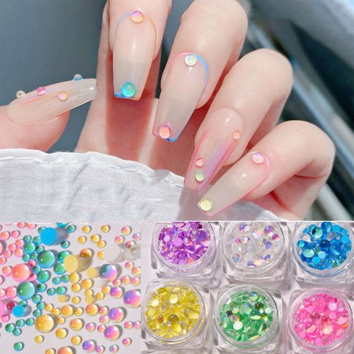 Crystal Mermaid Bubble Beads Rhinestones Nail Art Charms 3D Matte Candy Colorful Rhinestones Semi-Circular Pearl Aurora Glass Gems Beads for Nail Art Decoration DIY Crafting Design (6 Boxes)