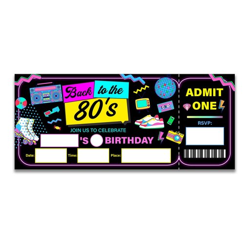 UPNEGE 80s Birthday Invitations Tickets Neon Party Back to the 80s Ticket Invitations with Envelopes Set of 20