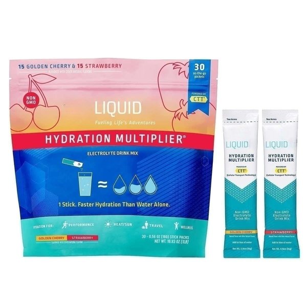 Liquid Hydration Multiplier Golden Cherry and Strawberry Variety Flavor 30 Pack | Hydration Powder Packets | Electrolyte Drink Mix | Easy Open Single-Serving Sticks | Non-GMO |