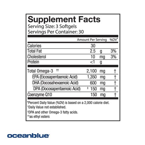 Oceanblue Professional Omega-3 2100 with CoQ10 – 90 ct – Triple Strength Fish Oil Supplement with High-Potency EPA and DHA, and CoQ10 – Orange Flavor (30 Servings)