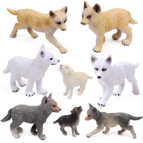RESTCLOUD 8Pcs Wolf Cub Toy Figure Set Baby Wolves Animals Figurines