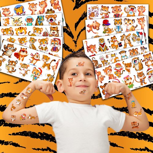 100PCS Tiger Temporary Tattoos Stickers Theme Wild Safari Jungle Zoo Animal Birthday Party Decorations Favors Supplies Cute Tattoo Sticker Gifts For Boys Girls School Prizes Rewards Carnival Christmas