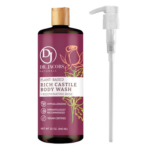 DR. JACOBS NATURALS Castile Rose All-Natural Body Wash for Moisturizing Dry and Sensitive Skin Shampoo with Plant-Based Ingredients Gluten, Preservatives-Free Formula - 32 oz, with Pump