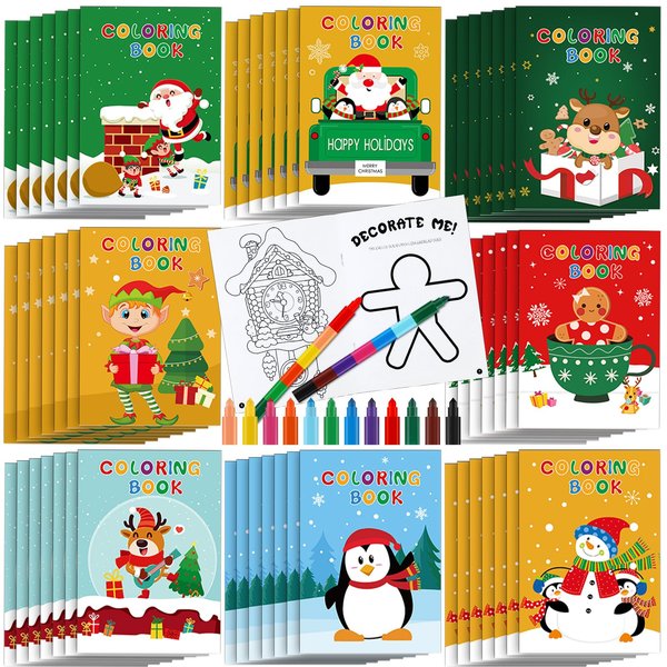 Zhanmai 64 Pcs Christmas Coloring Book with Stacking Crayons for Kids Bulk Santa Claus Snowman Elk Penguin Elf Gingerbread Holiday Activity Book for Kids Christmas Activities Party Favors Gifts