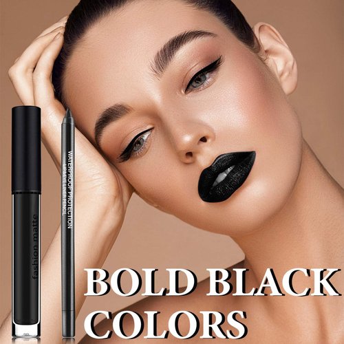 DuoZeng Black Matte Liquid Lipstick,2 Pcs Lip Liner and Lipstick Set,Black Lip Stain Gloss Long Lasting Waterproof Lipgloss High Pigmented Smudge Proof Matte Lipstick Black Lip Liner Lip Makeup Set