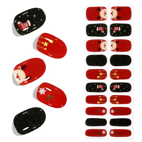 Christmas Gel Nail Stickers Full Wraps Semi Cured Gel Nail Strips Self-Adhesive Christmas Stockings Elk Nail Polish Stickers Christmas Fruit Snowflake Nail Polish Strips for Women Nail Designs 20Pcs