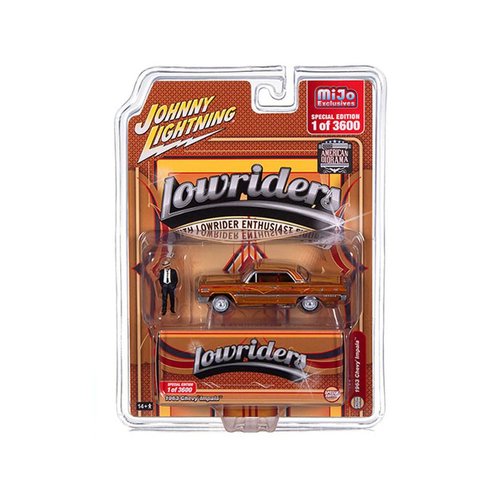 Round 2 1963 Chevy Impala Lowrider Orange with Graphics and Diecast Figure Limited Edition to 3600 Pieces Worldwide 1/64 Diecast Model Car by Johnny Lightning JLCP7459