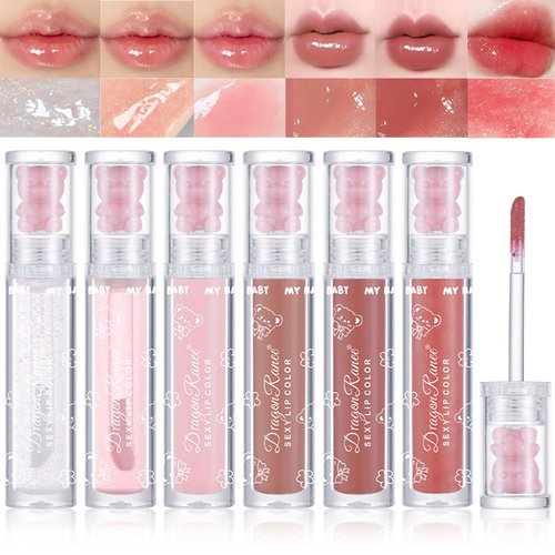YIBABY 6 Colors Bear Clear Shiny Glitter Lip Gloss Set,Transparent Jelly Texture Plumping Moisturizing Glossy Liquid Lip Gloss with Shimmer Waterproof Long Lasting & Non-Sticky - Vegan Makeup (A)