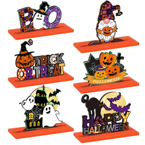 Hoolerry 6 Pieces Happy Halloween Wooden Centerpiece Signs, Halloween Table Decorations Trick or Treat Table Topper Signs with Witch Hat Ghost Pumpkin Shaped Ornaments for Home Party Tabletop Supplies