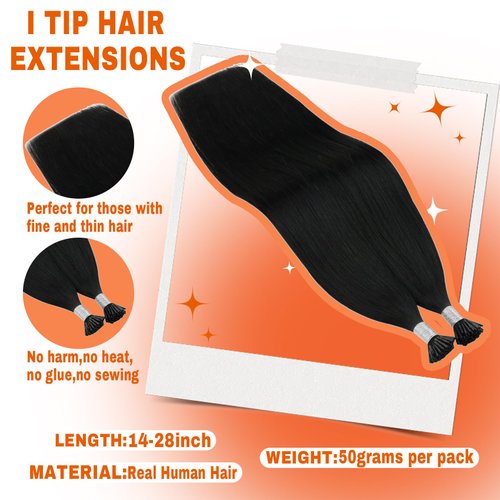 Sunny Hair I Tip Hair Extensions Human Hair Black 22Inch Itip Human Hair Extension Jet Black Pre Bonded Itip Hair Extensions Black for Women Itip Extensions Black Hair Extensions Add Length 50G 50S