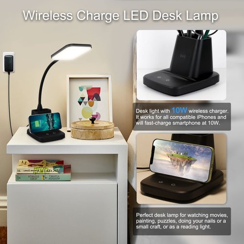 Sailstar Desk Lamp, LED Desk Lamps for Home Office, Wireless Charger Small Desk Lamp with Pen Holder, 3 Color Modes, Dimmable, CRI 85, 800 LM, Study Lamp for College Dorm Room, Adapter Included, Black