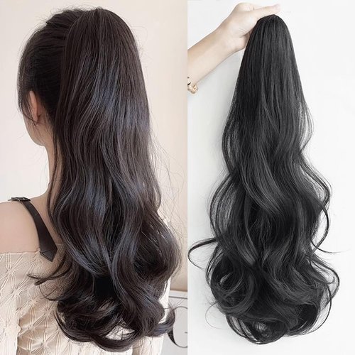 Anbuwei Claw Clip Ponytail Extension Synthetic Curly Wavy Clip in Hair Pieces 18 Inch Long Pony Tails Hair Extensions for Women (Natural Black)