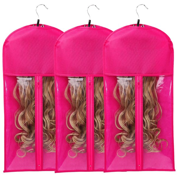 Wig Bags Storage with Hanger - 3 Packs Wig Storage for Multiple Wigs Hair Extension Storage Bag Hairpieces Storage Holder (Rose)