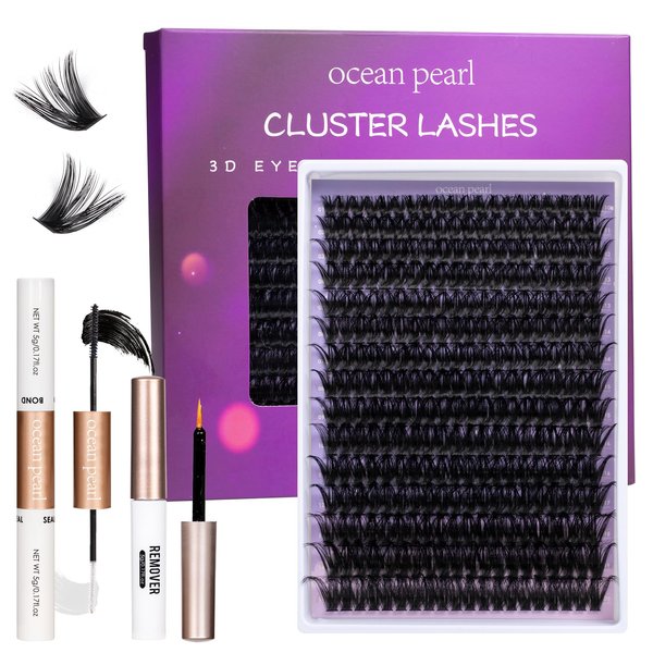 Ocean Pearl Lash Clusters 10-20mm Thick 300D Volume Eyelashes Clusters Lashes 300PCS Lash Extension Kit Eyelash Extension Kit Fluffy Individual Lashes DIY Lash with Lash Bond+Seal+Remover+Tweezer-300D