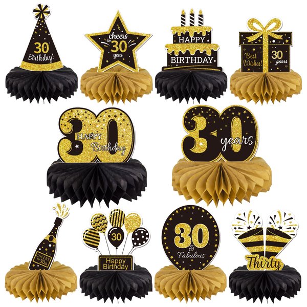 Gexolenu 10 Pcs 30th Birthday Honeycomb Centerpieces Gold Black Cheers to 30 Years Birthday Centerpieces Tables Toppers for 30th Birthday Decorations 30 Fabulous Birthday Party Decorations Supply