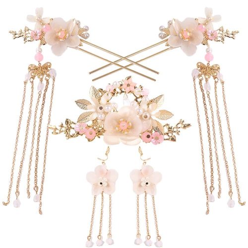 5Pcs Alloy Hair Sticks Pins Long Tassel Hanfu Chinese Flower Hair Clips Crystal Hair Pins Headwear Sets for Women and Girls