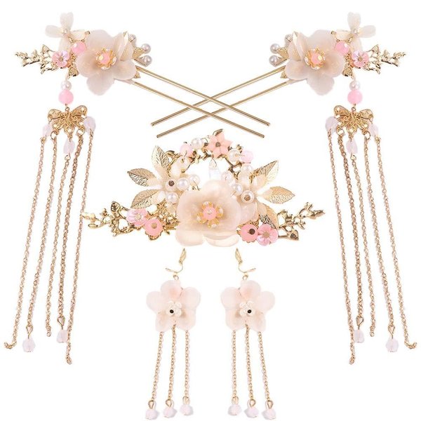 5Pcs Alloy Hair Sticks Pins Long Tassel Hanfu Chinese Flower Hair Clips Crystal Hair Pins Headwear Sets for Women and Girls