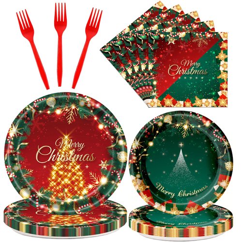Dixutzi 96Pcs Christmas Plates and Napkins Party Supplies, ChristmasThemed Tableware Set, Cute Disposable Dinnerware for Girls Boys Birthday Dessert Tea Party Decoration, 24 Guests