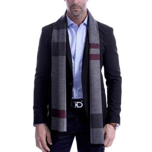 VEXTROFORT Men's Winter Scarf, Soft Long Cashmere Feel Scarves for Men with Fringes Tartan - Grey Black Red Plaid