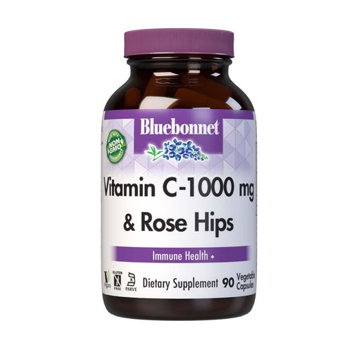 Bluebonnet Nutrition Vitamin C-1000 mg Plus Rose HIPS Vegetable Capules, for Immune Health, for Antioxidant Protection, Soy Free, Gluten Free, Non-GMO, Kosher, Dairy Free, Vegan, 90 Count