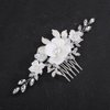 Teyglen Dainty White Flower Headpiece Silver Leaf Wedding Hair Comb Rhinestone Bridal Hair Piece Pearl Floral Side Comb Hair Accessories for Women
