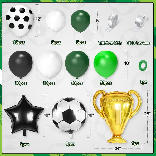 Soccer Party Decorations, 113Pcs Soccer Party Balloon Garland Arch Kit Green White Black Balloons with Soccer Foil Balloons for Sports Soccer Theme Birthday Party Decorations