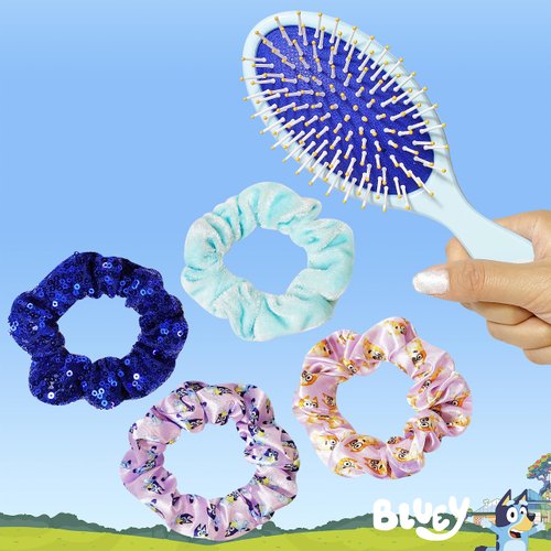 Bluey Detangling Brush and 4 Elastic Scrunchies Hair Accessory Set for Kids - Ages 3+