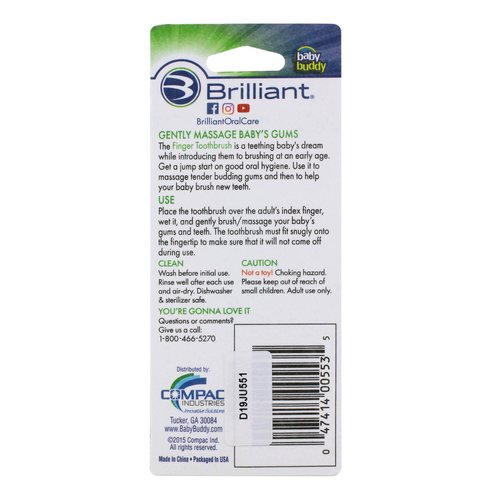 Brilliant Baby Finger Toothbrush - Silicone Gum Massager and Teether Brush for Infant-Toddler, 3 Months Old and Up, Blue/Clear, 2 Count