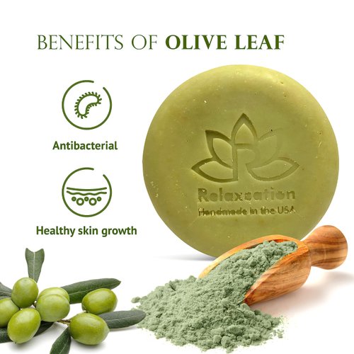 Relaxcation Natural Olive Oil Soap Bar with Organic Pure Greek Olive Oil and Olive Leaves - Anti-Aging and Antioxidant Moisturizing Cold Processed Soap - Handmade in USA