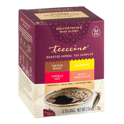 Teeccino Herbal Tea Sampler Assortment - Maca Chocolaté, French Roast, Hazelnut, Vanilla Nut - Ro...