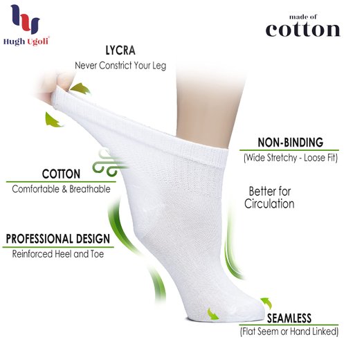 Hugh Ugoli Women's Cotton Diabetic Ankle Socks, Wide, Thin, Loose Fit and Stretchy, Seamless Toe & Non Binding Top, 4 Pairs, White, Shoe Size: 10-12