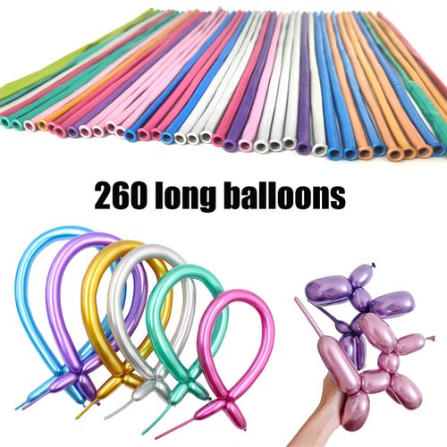 HYKJNBW Metallic Long Balloons for Balloon Animals, Chrome 260 Balloons Art Kit for Twisting, Skinny Modeling Balloons Supplies for Birthday Party Wedding Festival Decorations 100pcs