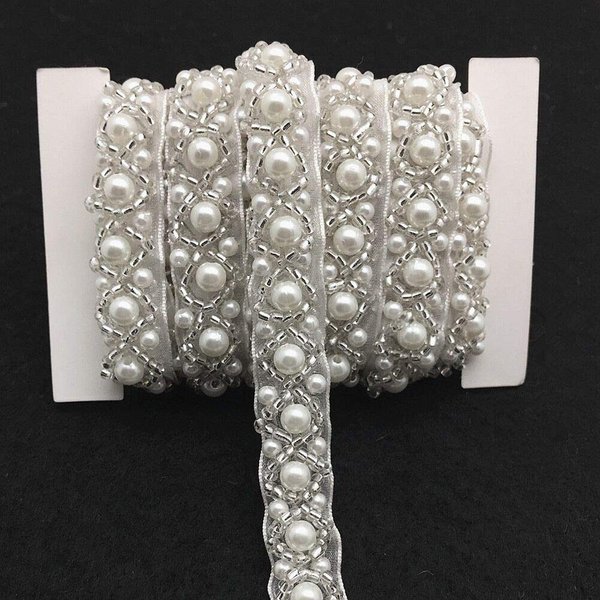 FQTANJU 3 Yards 15mm White Beaded Crystal Rhinestone Applique, Rhinetones Trim for Dress, Bridal Applique, Crystal Beaded Applique for Bridal Wedding, Party and Other Formal Occasions