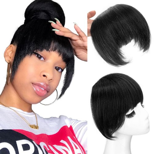 Yaki Straight Bangs Hair Clips in Extensions for Women Black Flat Neat Bangs Hair Extension with Temples Hairpieces Hand Made Synthetic Kinky Straight Bangs with 2 BB Clips in