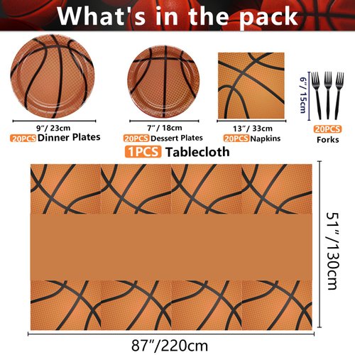 81 Pcs Basketball Tableware Set, Basketball Party Plates, Basketball Tablecloth, Napkins, Basketball Birthday Party Decorations for Teens Kids Boys Basketball Team Party Supplies, Serves 20 Guests