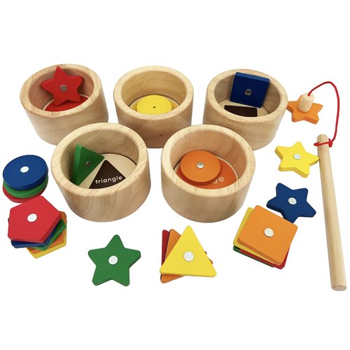 Dailyfunn Montessori Toy Wooden Sorting Cup&Fishing Game 2-in-1 Colors Shapes Sorting Matching Learning Toys for Toddlers 1-3 Year Old