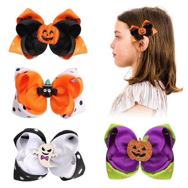 4 PCS Halloween Hair Bows Pumpkin Spider Hair Clips Orange Purple Grosgrain Ribbon Bows Halloween Ghost Glitter Hair Accessories for Halloween Party Decoration Supplies