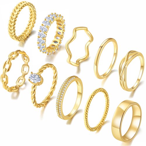PLOMFOV Gold Rings for Women Non Tarnish Gold Plated Stackable Rings Wedding Bands Eternity Dainty 14K Gold Ring Thin Simple Trendy Thumb Stacking Ring Pack Size Gold 6