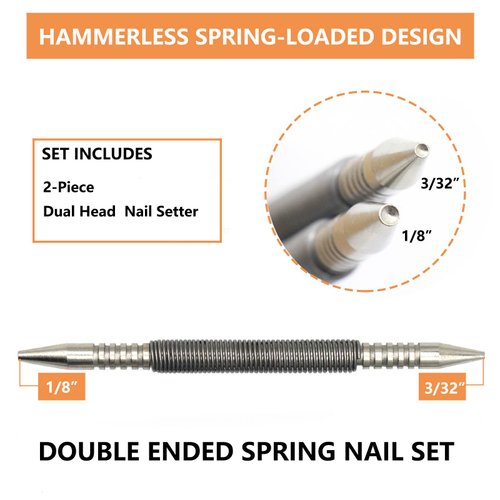 WHLLING 2-Piece Dual Head Combo Nail Setter, Double Ended 3/32″& 1/8″Spring Nail Set, 3500 PSI Striking Force Hammerless Nail Set Punch Nail Pullers