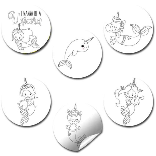 Color Your Own Unicorn Sea Creatures Birthday Party Favor Sticker Labels for Kids, 90 1.5" Party Circle Stickers by AmandaCreation, Great for Arts & Crafts, Envelope Seals, Goodie Bags & Treats
